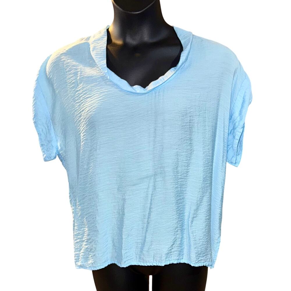Cut Loose Sky Blue Top Scoop Neck Textured Pull Over Shirt Boxy Loose Fit SZ XL